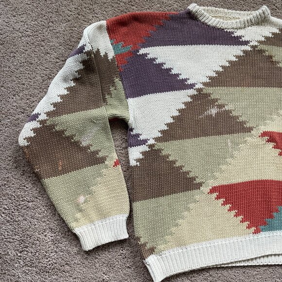 Vintage 90s Distressed Aztec Southwestern Grandpa Baggy Sweater Unisex Size L - Picture 2 of 5